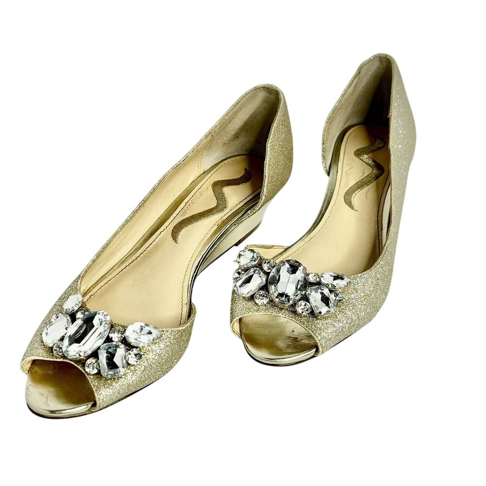 Nina Gold Glitter Crystal Embellished Peep Toe d'Orsay Wedge‎ Heels Womens 7M